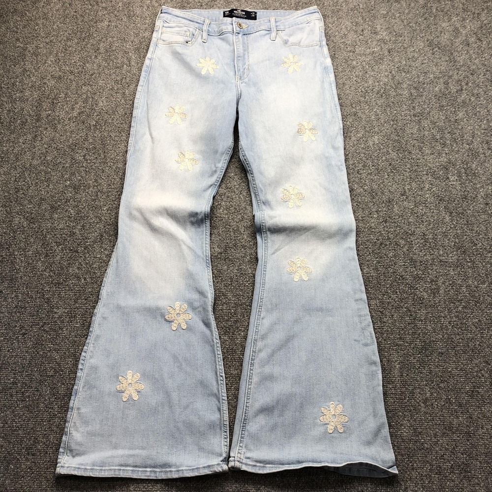 Hollister Jeans Juniors 13R 31x32 Blue Light Wash High Rise Flare Crochet Flower